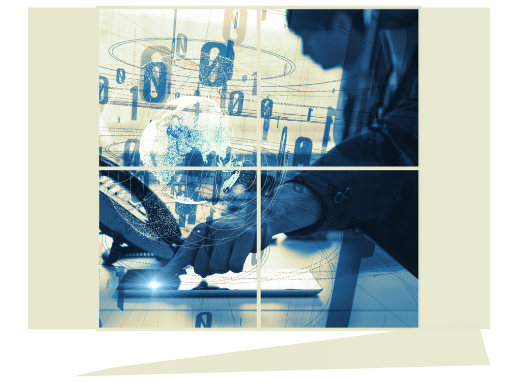 A duotone montage of binary digits, a globe and hands at a keyboard