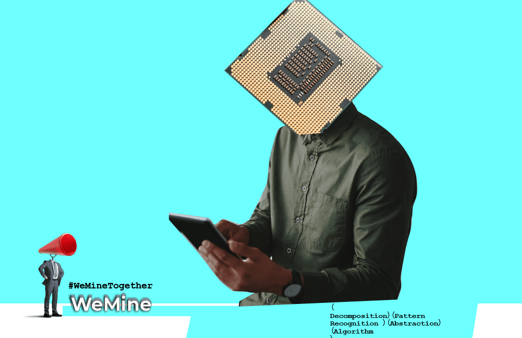 A figure with a CPU chip for a head using a tablet, on a cyan background