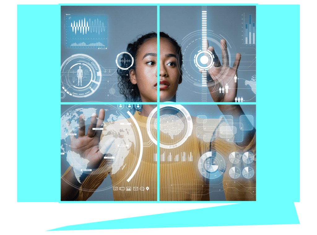 A woman interacting with holographic data interfaces, in a four-panel grid on cyan