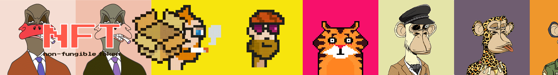 An animated row of Bored Ape and CryptoPunk style NFT avatars