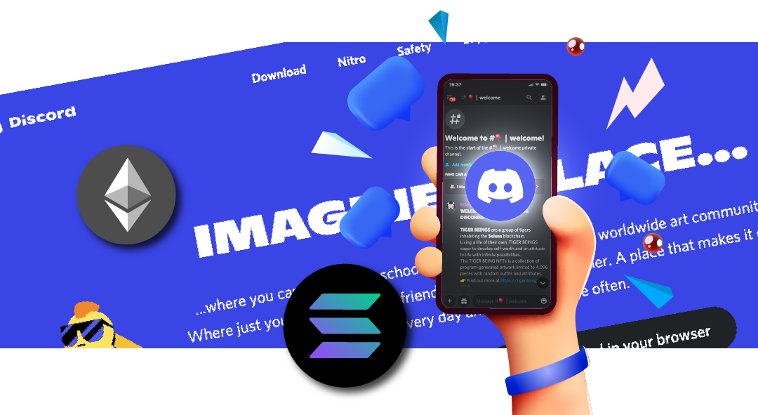 A hand holding a phone showing a Discord server, with Ethereum and Solana logos
