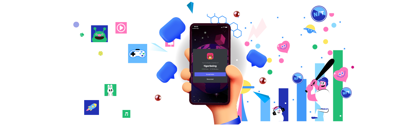 A hand holding a phone showing an invite to the tigerbeing Discord server, surrounded by NFT and gaming icons