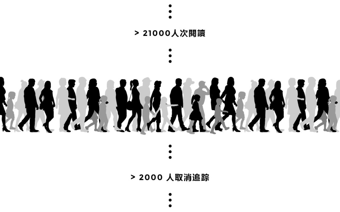 A silhouetted crowd walking, annotated with over 21,000 reads and over 2,000 unfollows
