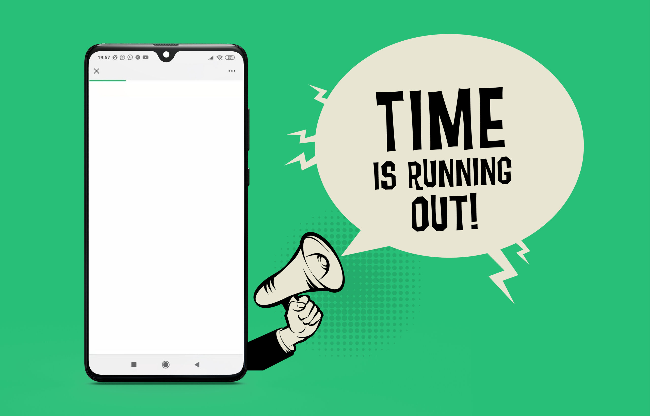 A phone with a blank loading page beside a megaphone shouting TIME IS RUNNING OUT